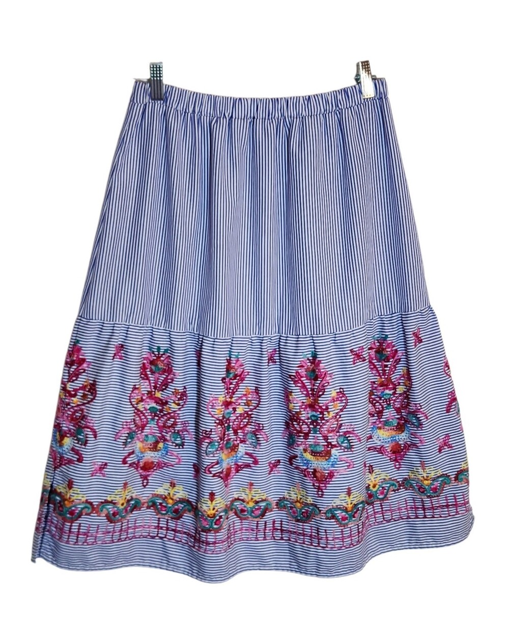 Magic Blue and White Stripe Floral Embroidered Pull On Boho Skirt Size Large